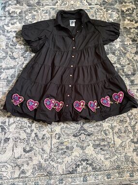 QUEEN OF SPARKLES Black Button-Front Tunic Dress with Pink Heart Embellishments